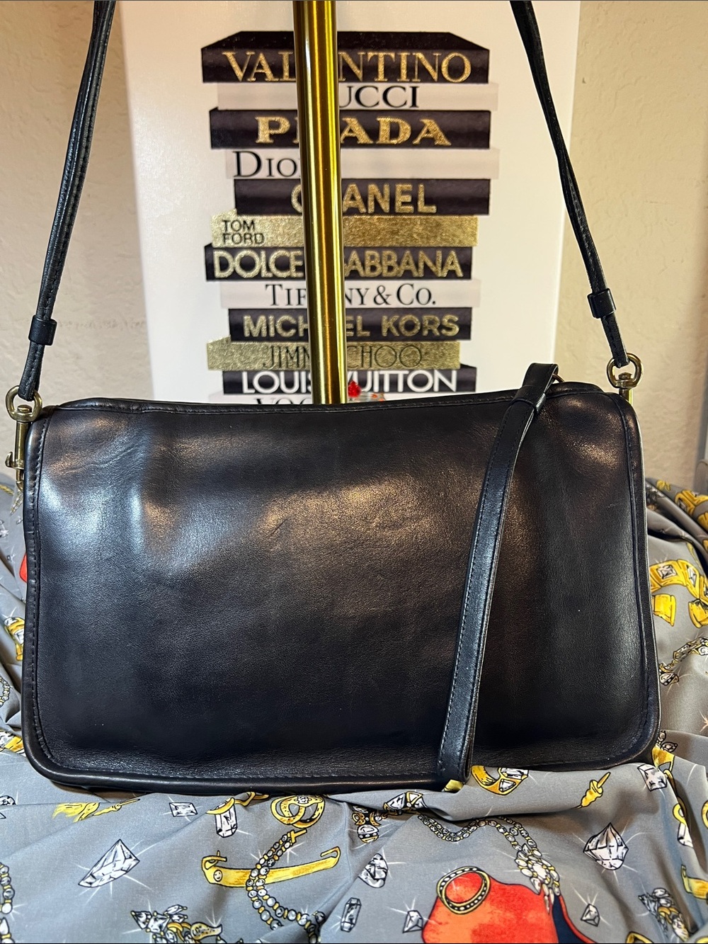 COACH Black Leather Bonnie Cashin Shoulder Bag with one-sided hangtag.